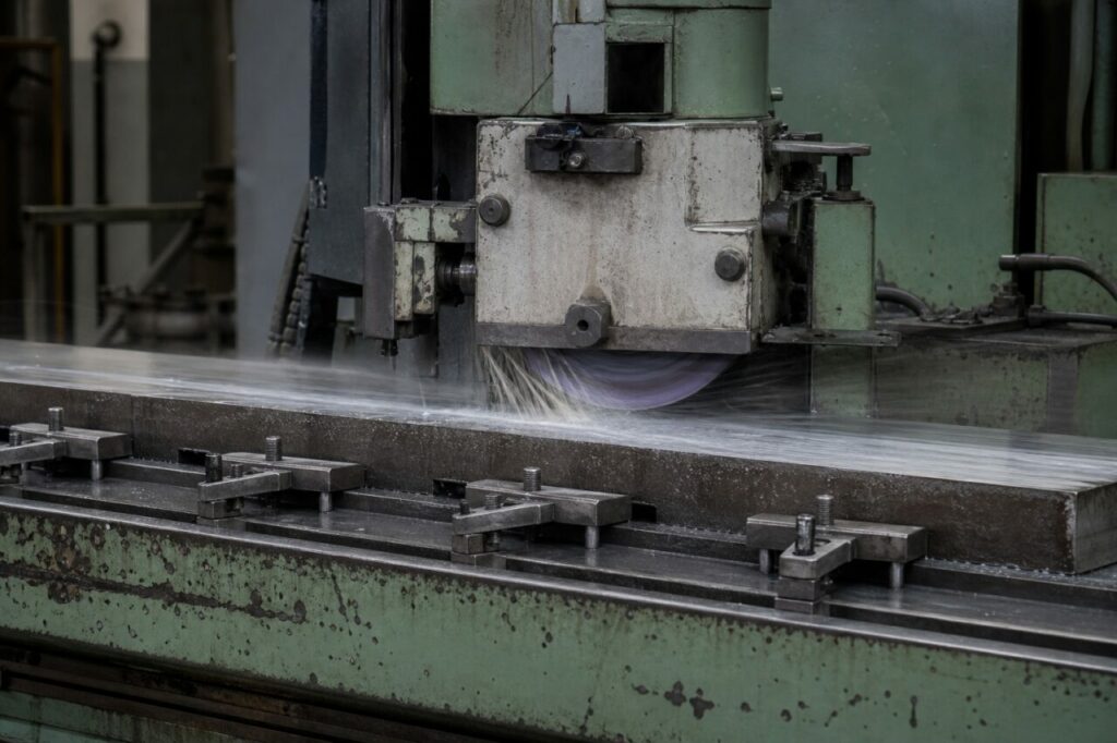 Large tooling plate beneath the surface grinder wheel