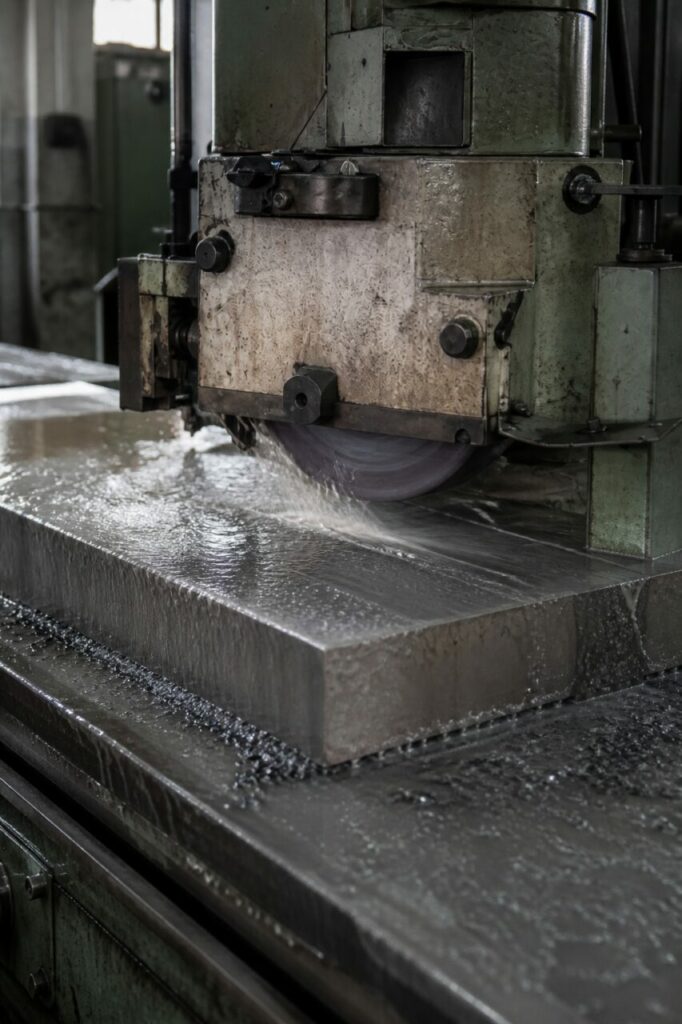Surface grinder wheel above a broad tooling plate