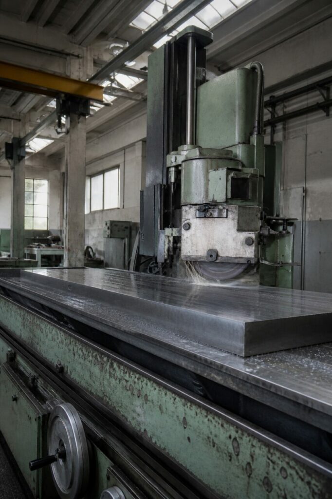 Surface grinder with a tooling plate between metal guides