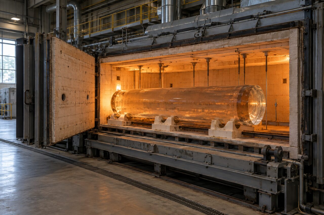 Recocido controlado de un bloque de vidrio óptico en un gran horno aislado
