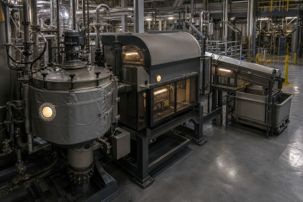 Cuve ronde, machine capotée et convoyeur