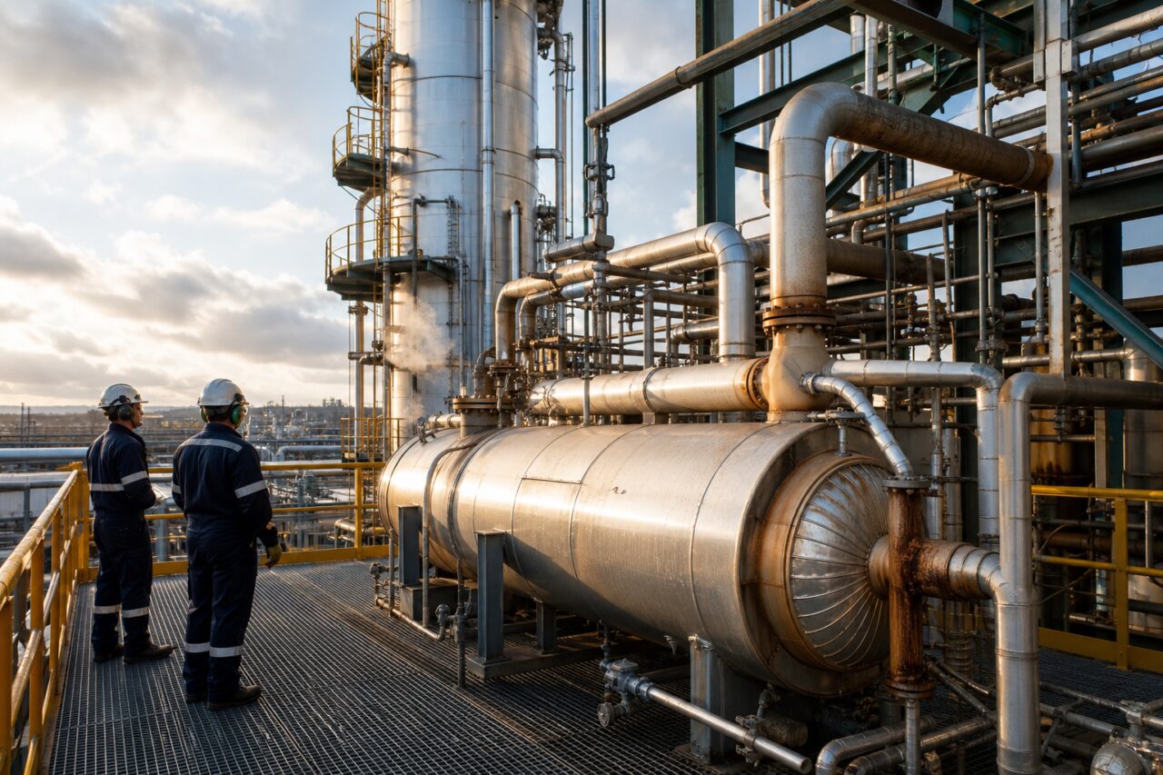 Regeneração do solvente — coluna prateada e refervedor numa plataforma industrial