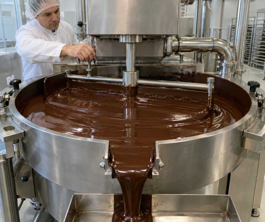 Réglage des bras de mélange lors du tempérage industriel du chocolat avant soutirage