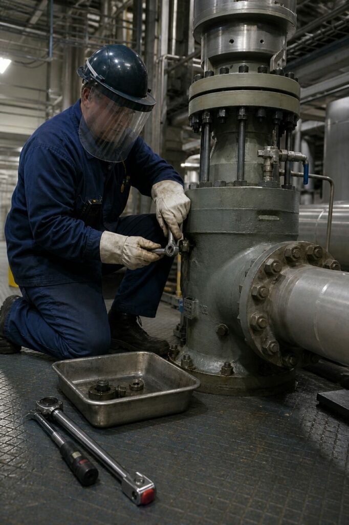 Packing replacement on a safety-injection valve — with protected technician and torque wrench