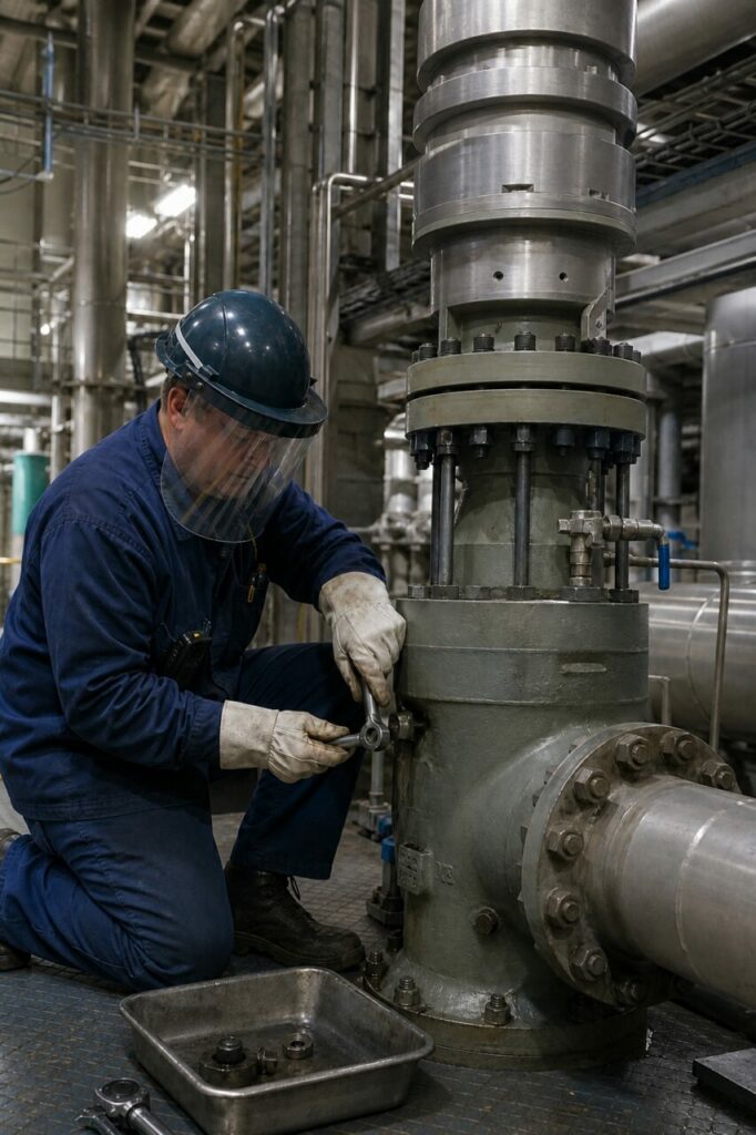Packing replacement on a safety-injection valve — with bolted packing gland and stainless flanges