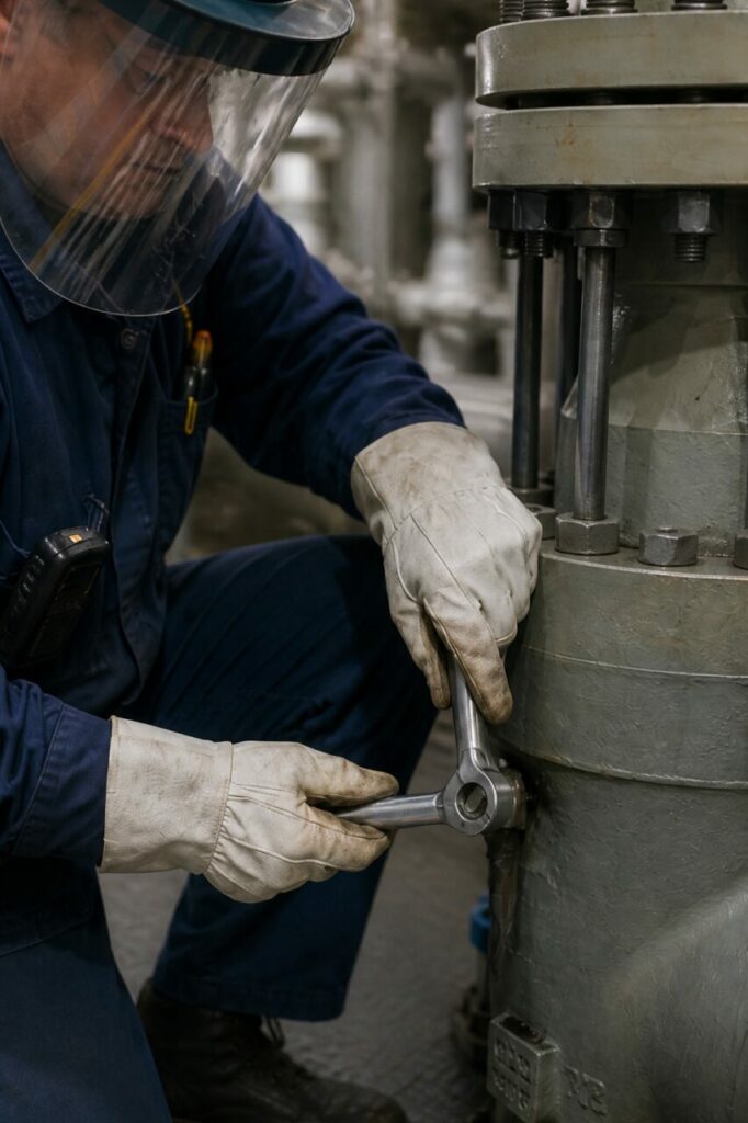Packing replacement on a safety-injection valve — on the large vertical valve