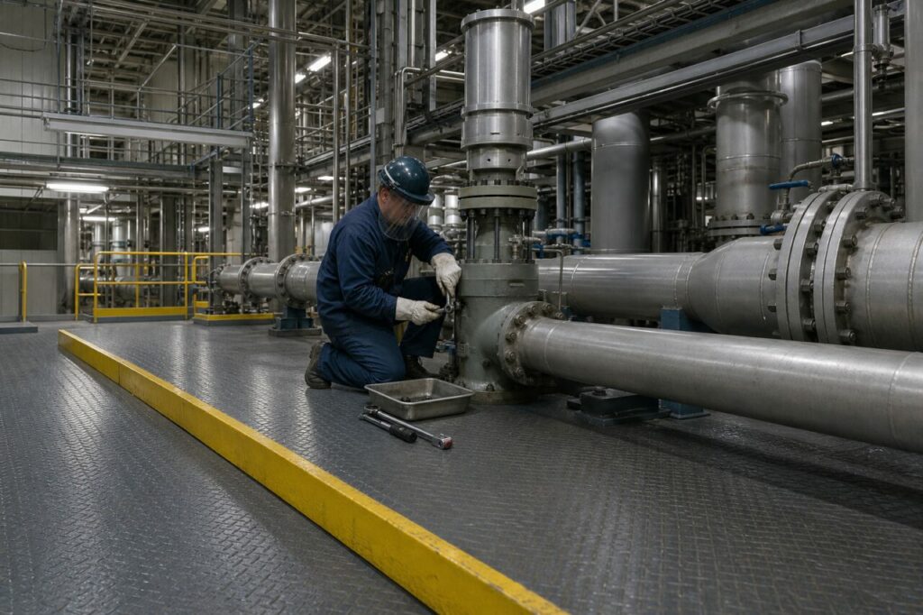 Packing replacement on a safety-injection valve — with parts tray and protective gloves