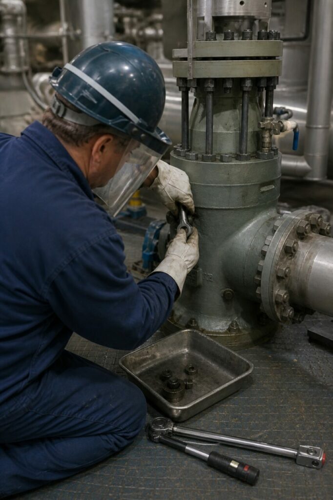 Packing replacement on a safety-injection valve — at the valve stem and sealing packing