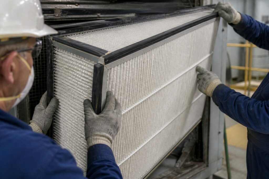 Gloves holding the industrial filter frame