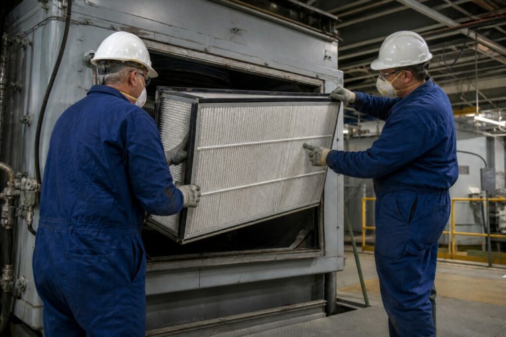 Technicians removing a pleated filter from the ventilation housing