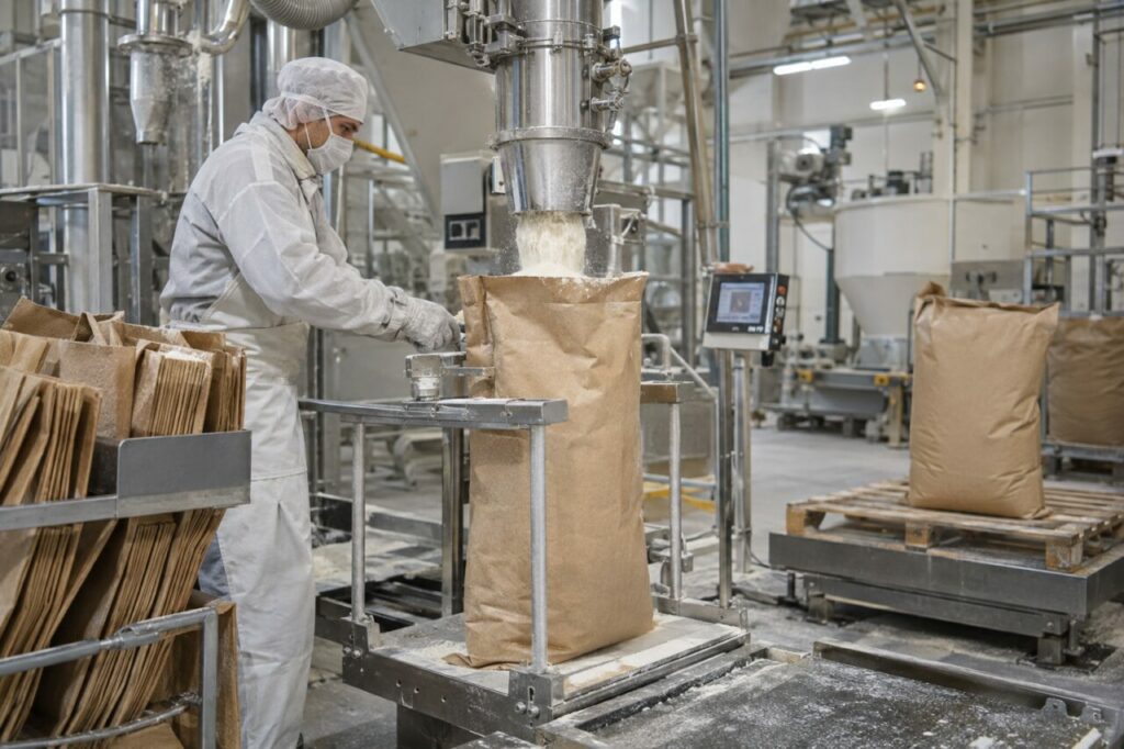 Remplissage industriel de sacs kraft de farine sous doseuse inox