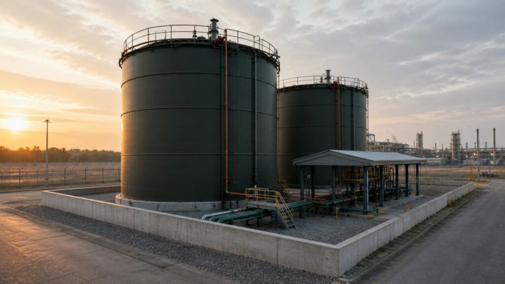 Keerwanden omsluiten twee grote brandstoftanks