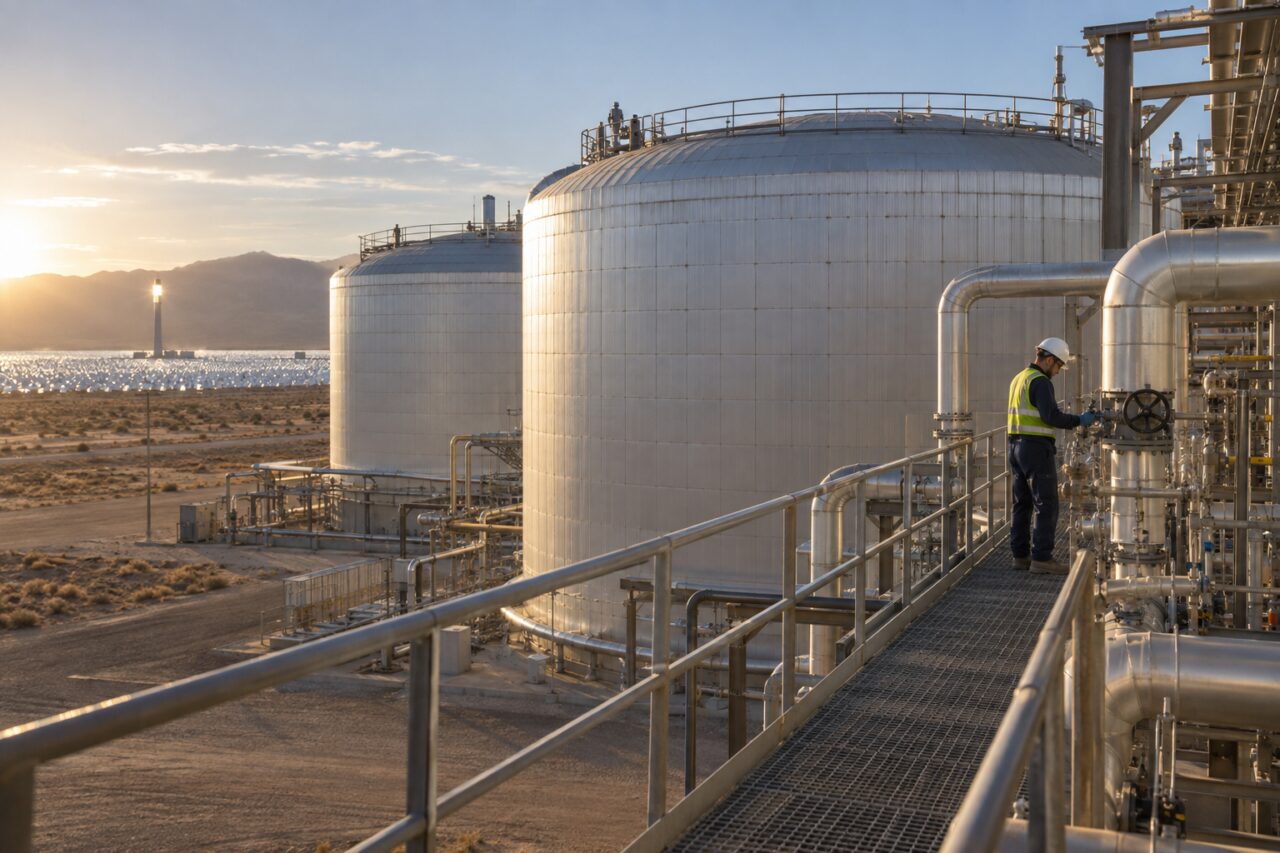 Réservoirs de sels fondus et tuyauteries sur une plateforme solaire