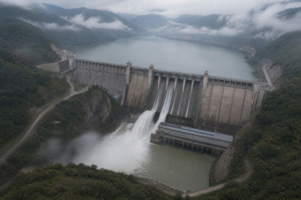 Retenue de montagne alimente l’aménagement hydroélectrique en aval