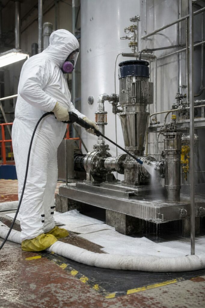 Pressurized rinsing cleans a pump skid in a nuclear maintenance area