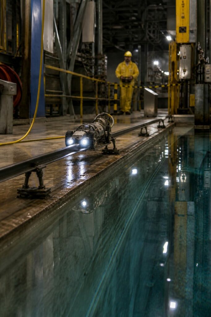 Robot crawler éclairé sur un rail longeant un bassin de maintenance