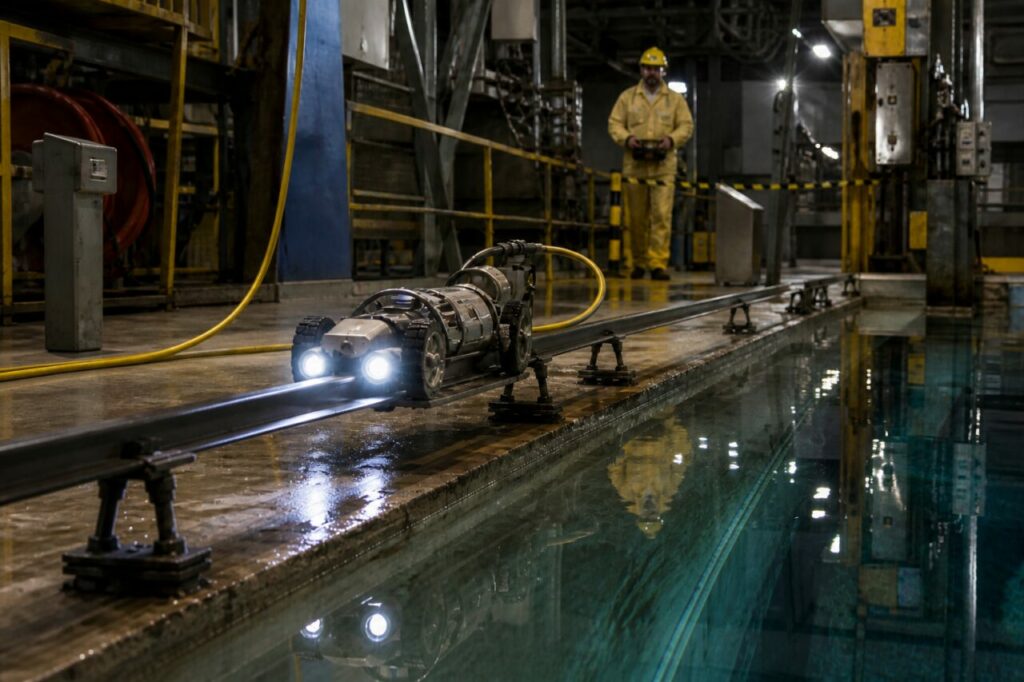 Robot crawler sur rail au bord d'un canal industriel avec opérateur en arrière-plan