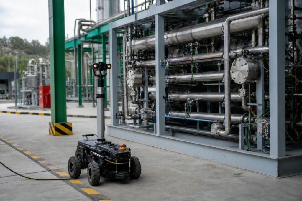 Capteurs d’un robot hydrogène au pied d’un skid d’électrolyse