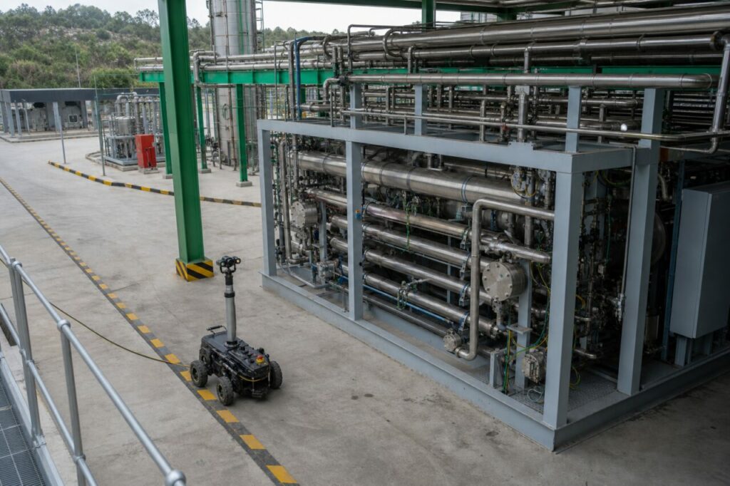 Châssis inox robotisé pour l’inspection d’un skid hydrogène