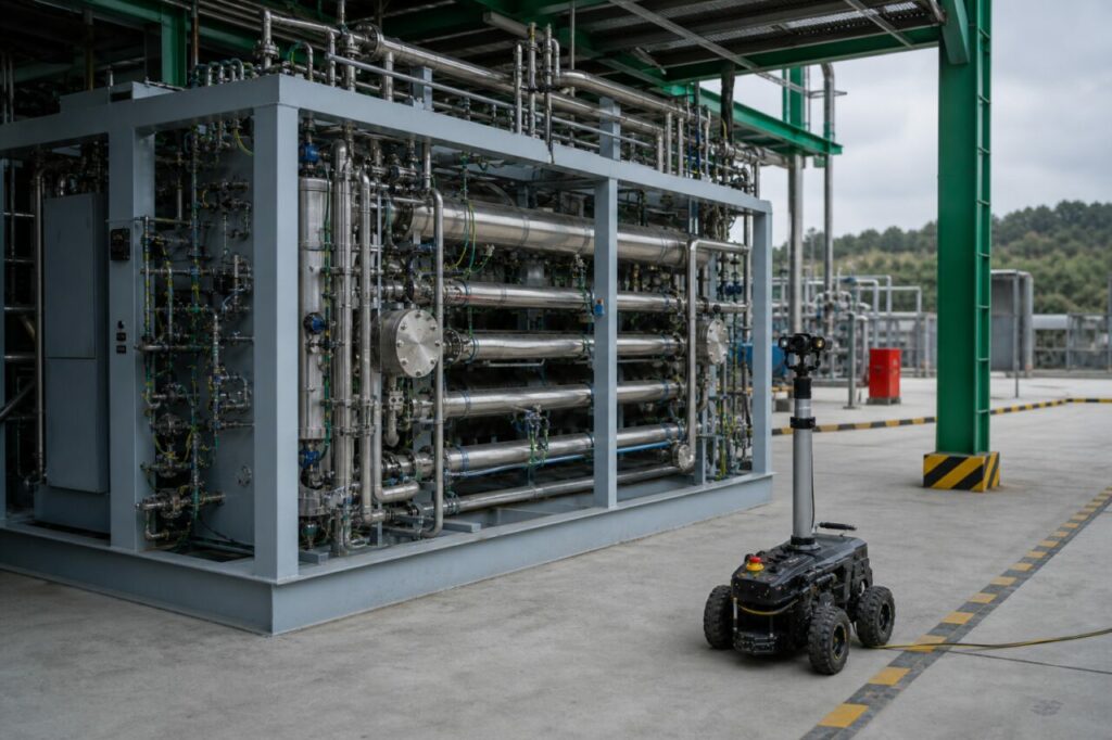 Robot mobile d’inspection devant un skid d’électrolyse
