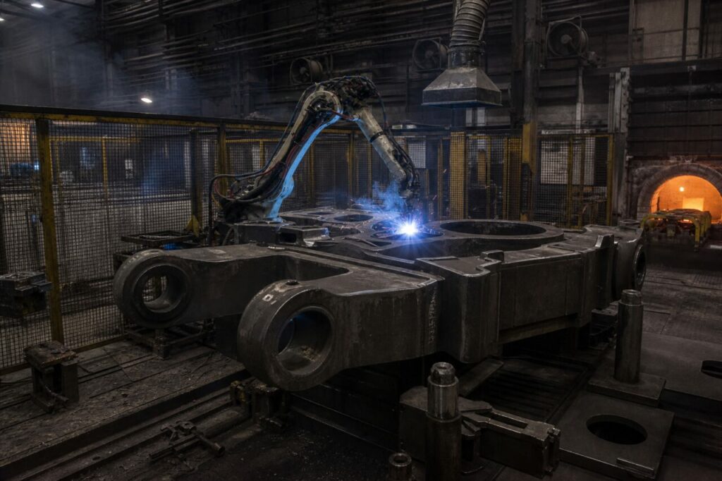 Robotischer Lichtbogen verbindet die massive Fuge des Metallrahmens