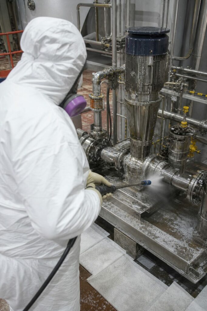 Containment tray collects runoff during pump-skid decontamination