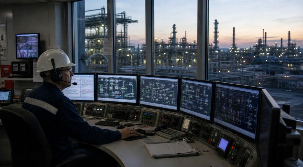 Salle de supervision pétrolière, écrans de procédé