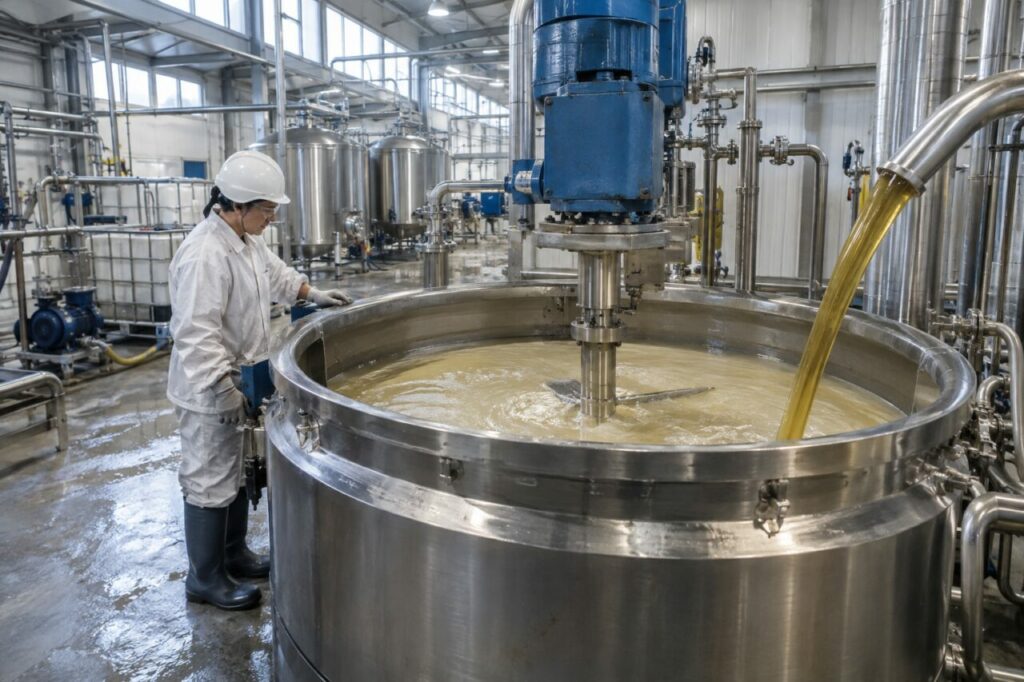 Saponification industrielle des huiles dans un réacteur inox