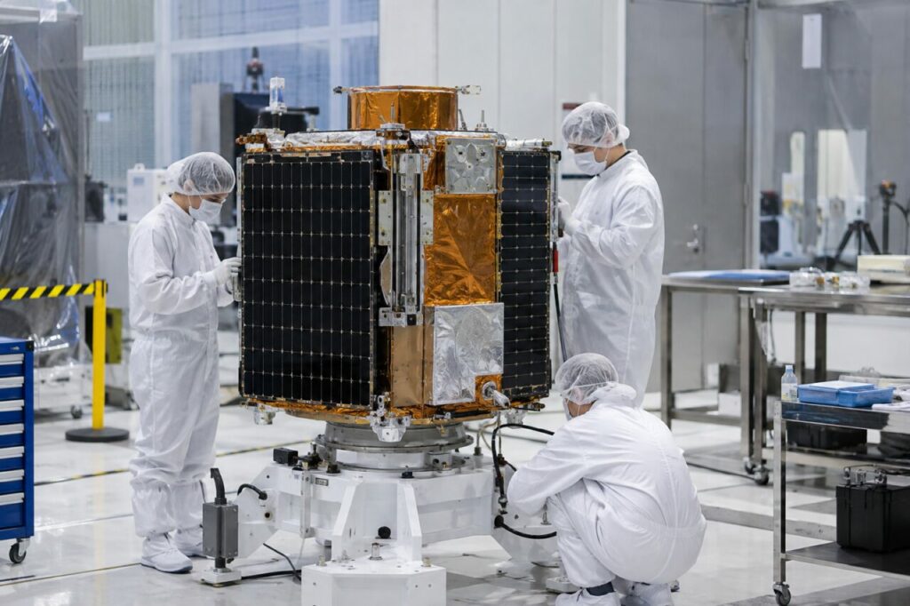 Satellite à panneaux solaires montés inspecté en salle blanche avant lancement