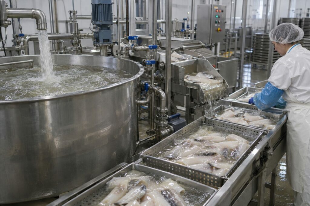 Saumure de poisson dans des bacs perforés en usine