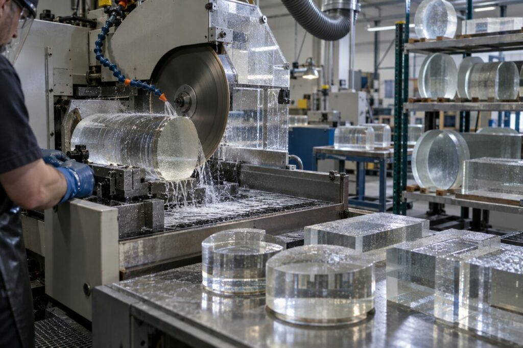 Sciage diamanté de blocs épais en verre optique après recuisson