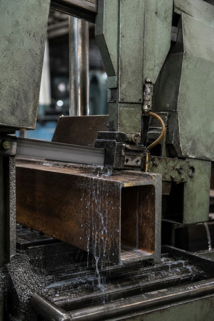 Scie à ruban industrielle CNC débitant une poutrelle d’acier — gros plan technique