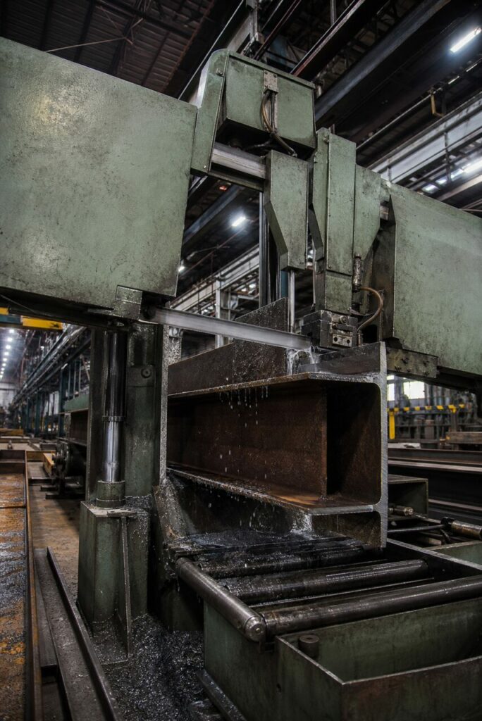 Scie à ruban industrielle CNC débitant une poutrelle d’acier — perspective verticale