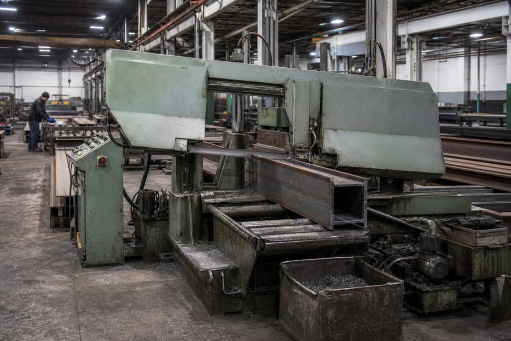 Scie à ruban industrielle CNC débitant une poutrelle d’acier — vue d’atelier