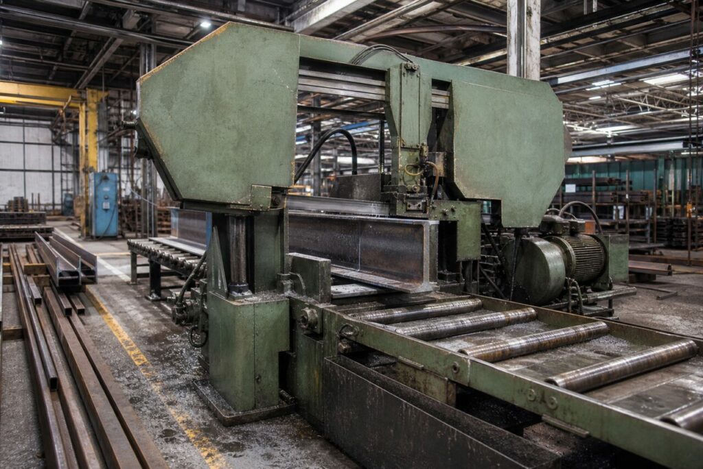 Scie à ruban industrielle CNC débitant une poutrelle d’acier — vue d’ensemble