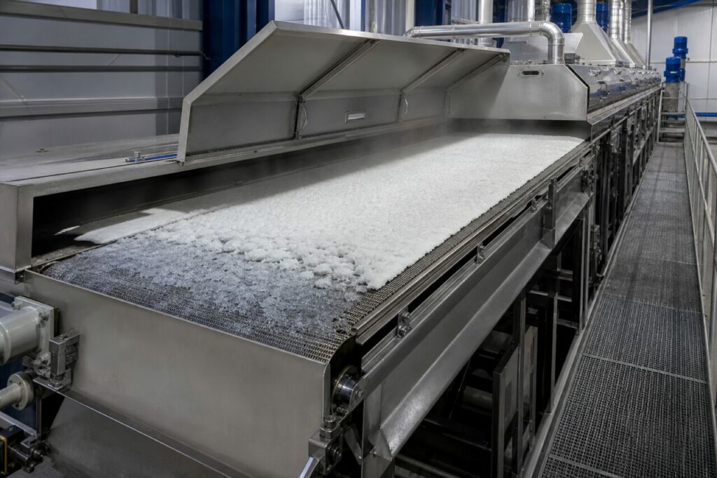 Continuous drying on a perforated belt of SAP polymer gel before milling in a chemical plant