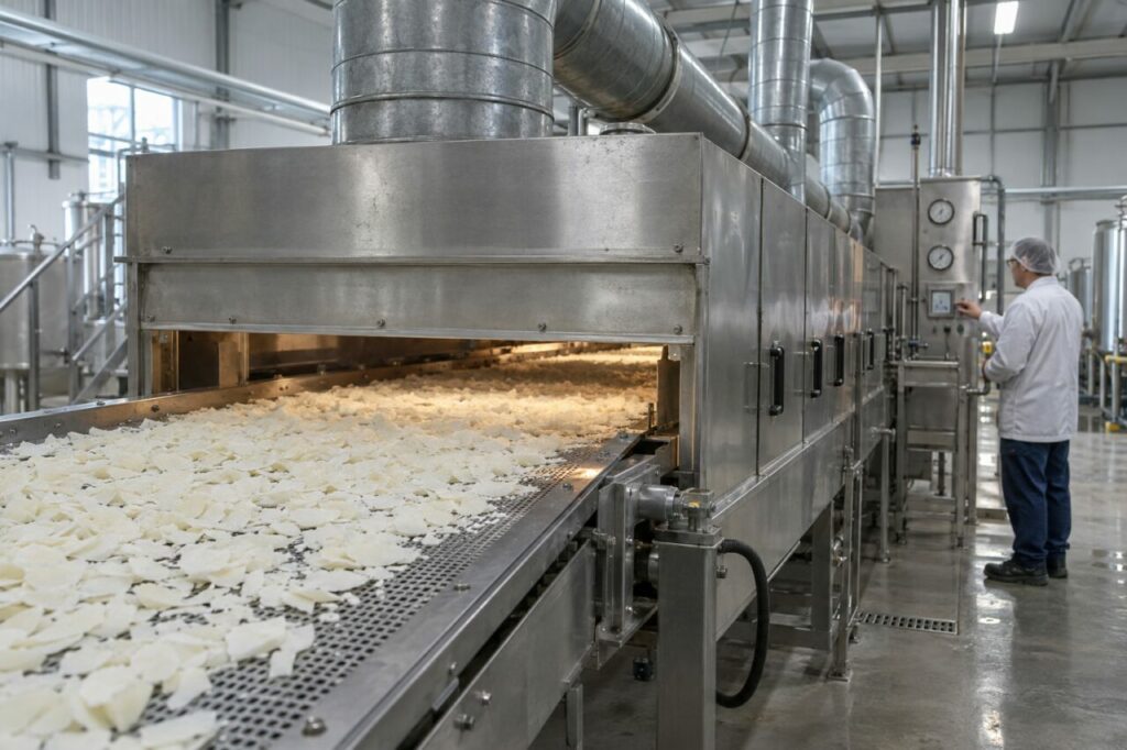 Séchage continu des copeaux de savon sur convoyeur perforé