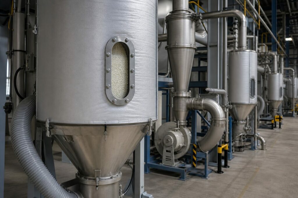 Drogen van ivoorkleurige polyamide-6-korrels onder gecontroleerde atmosfeer