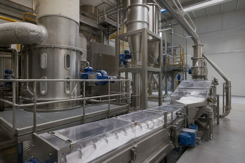 Drying and classification of melamine powder on an enclosed conveyor