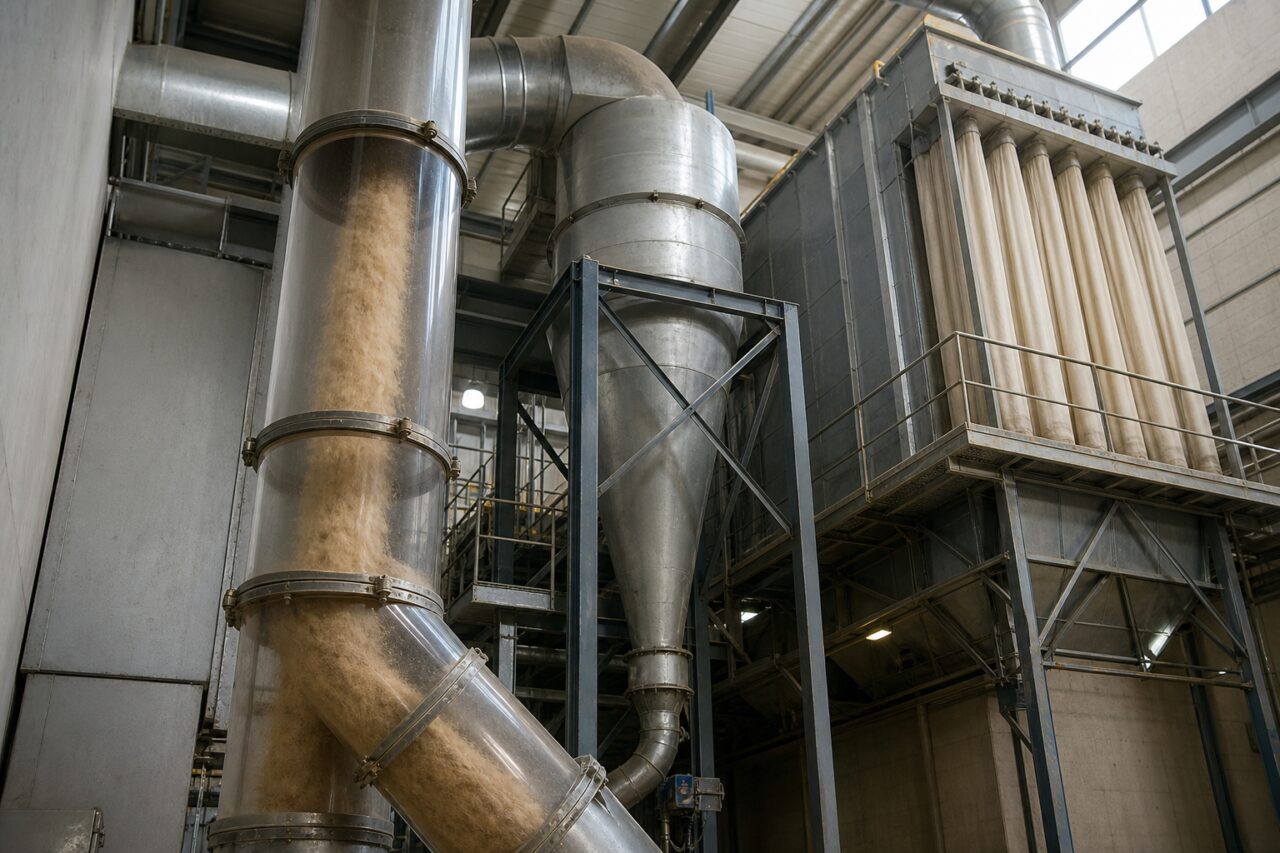 MDF-vezeldroging — transparante leiding, cycloon en zakkenfilter