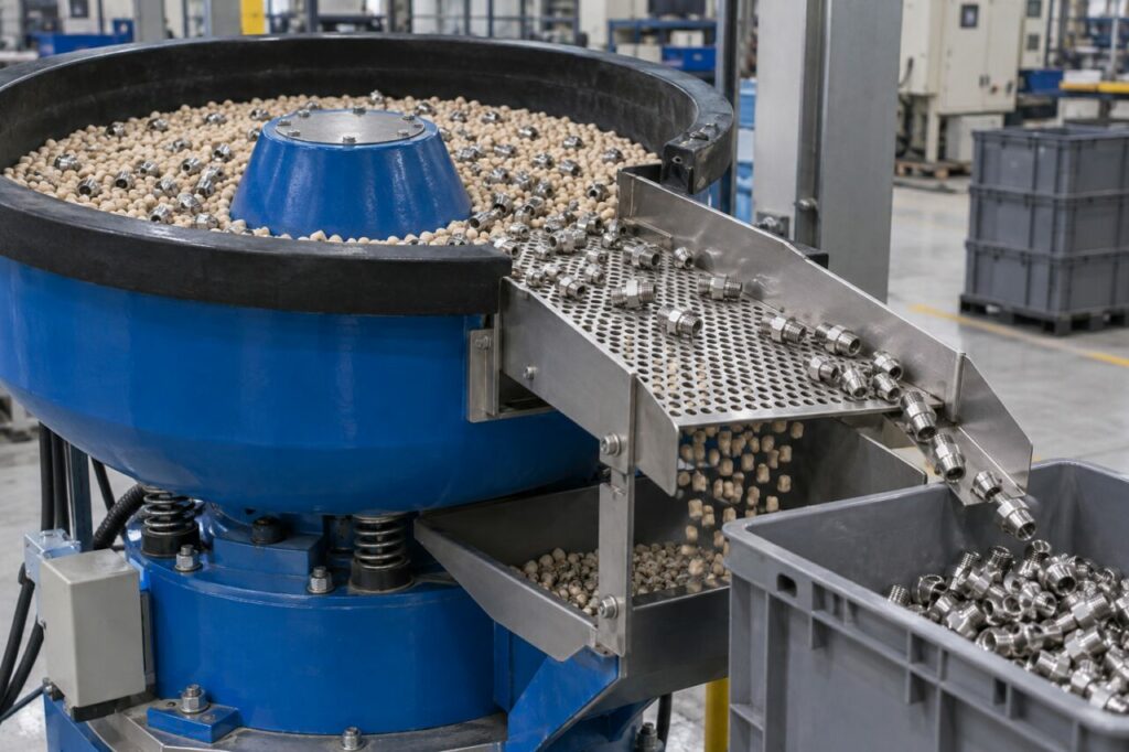 At the bowl discharge, separating fittings after vibratory finishing