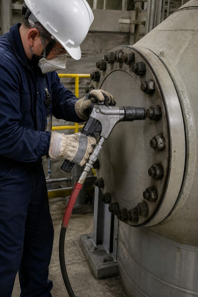 Hydraulic tightening of bolts on a pipe flange — on the blind flange and ring of nuts