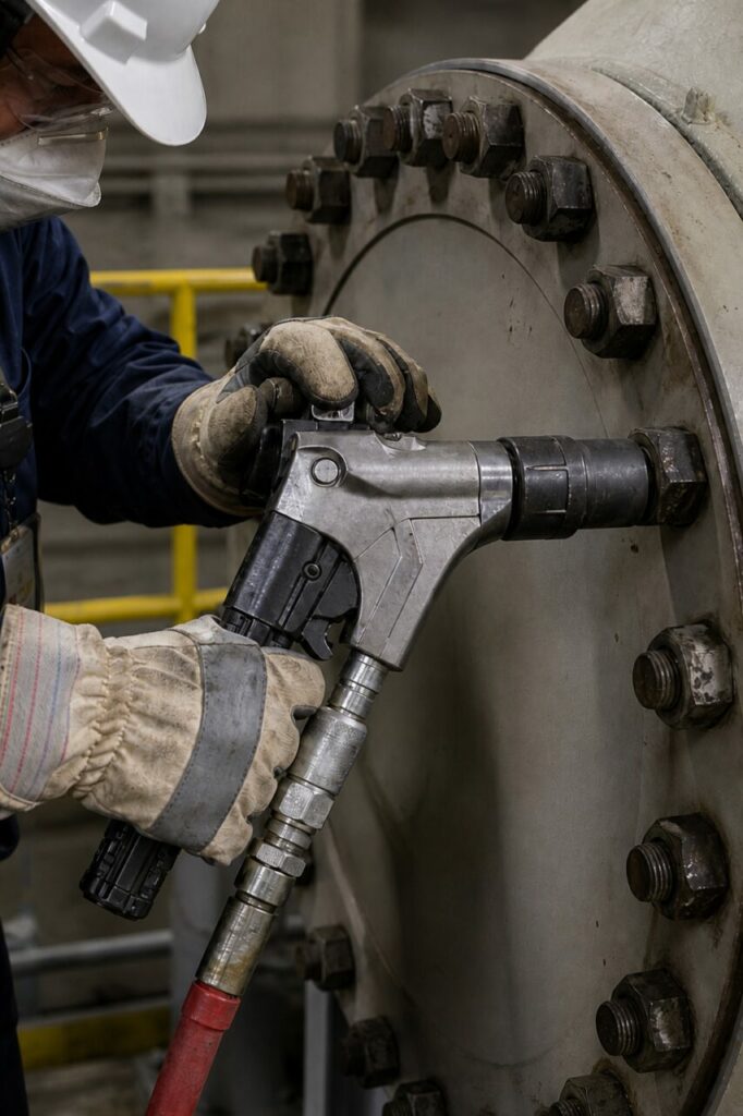 Hydraulic tightening of bolts on a pipe flange — with gloved technician at the joint
