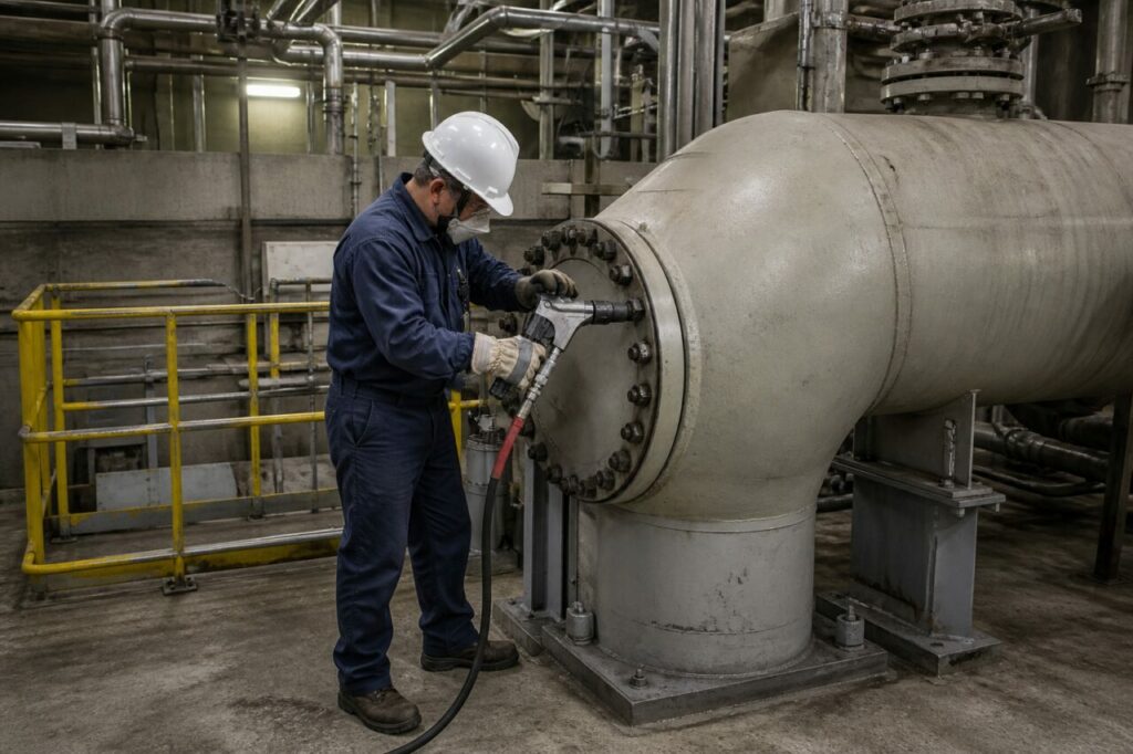 Hydraulic tightening of bolts on a pipe flange — with large-diameter pipework