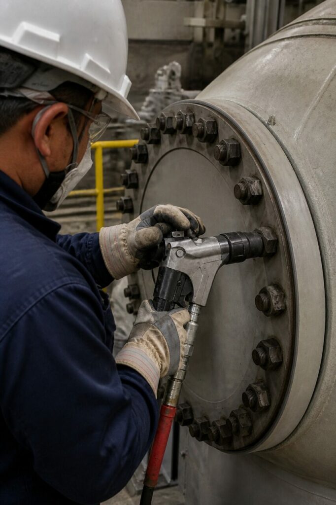 Hydraulic tightening of bolts on a pipe flange — with progressive tightening of the bolted joint