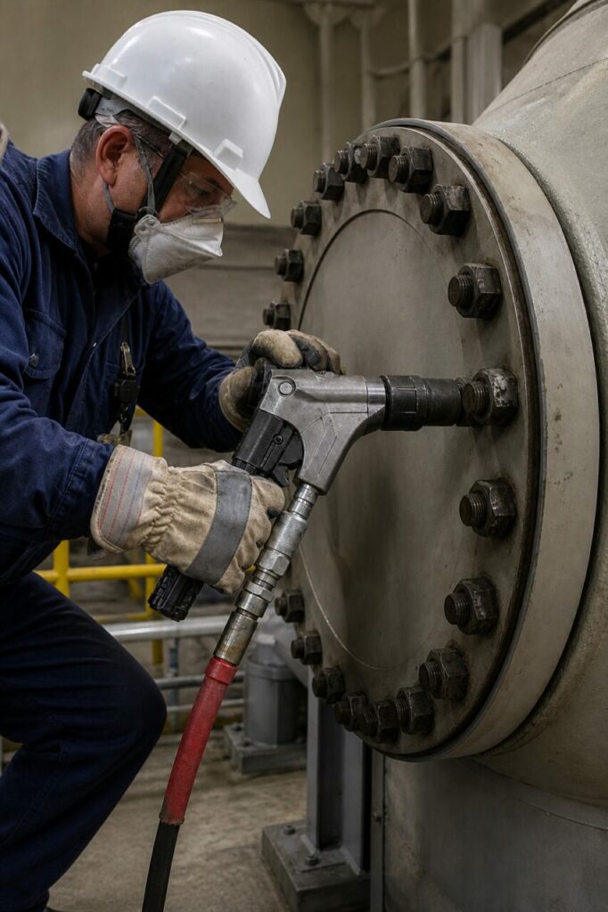 Hydraulic tightening of bolts on a pipe flange — with hydraulic wrench and high-pressure hose