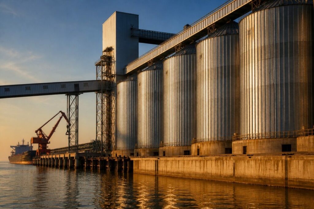Getreidesilos am Kai — Metallreihe am Wasserbecken
