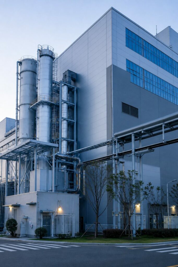 Hohe Silos am Werksgebäude