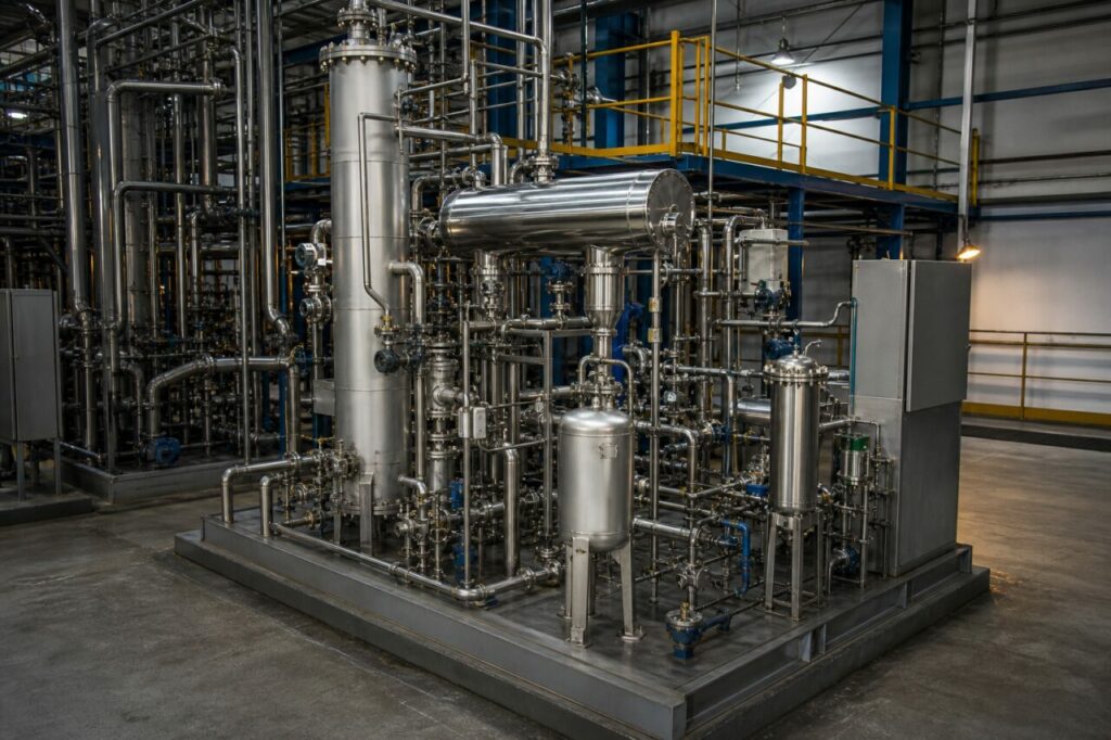 skid inox di purificazione finale con filtri e serbatoio polmone per ossido di etilene