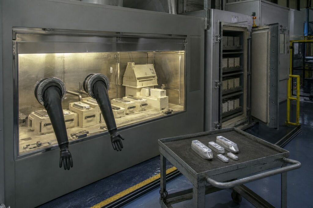 geschützte Erstarrung kleiner Natriummetallbarren in einer trockenen inertisierten Einhausung